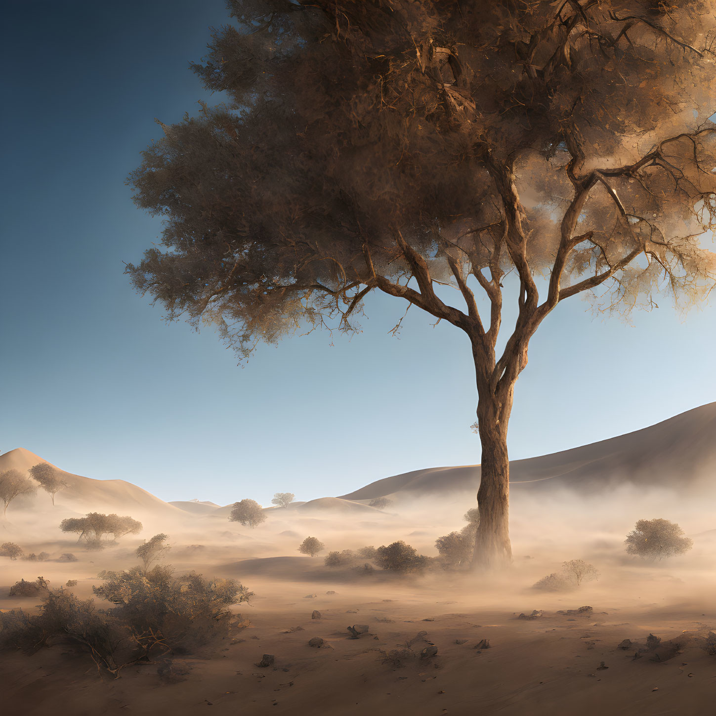 Solitary tree in sandy desert landscape with dunes and clear blue sky