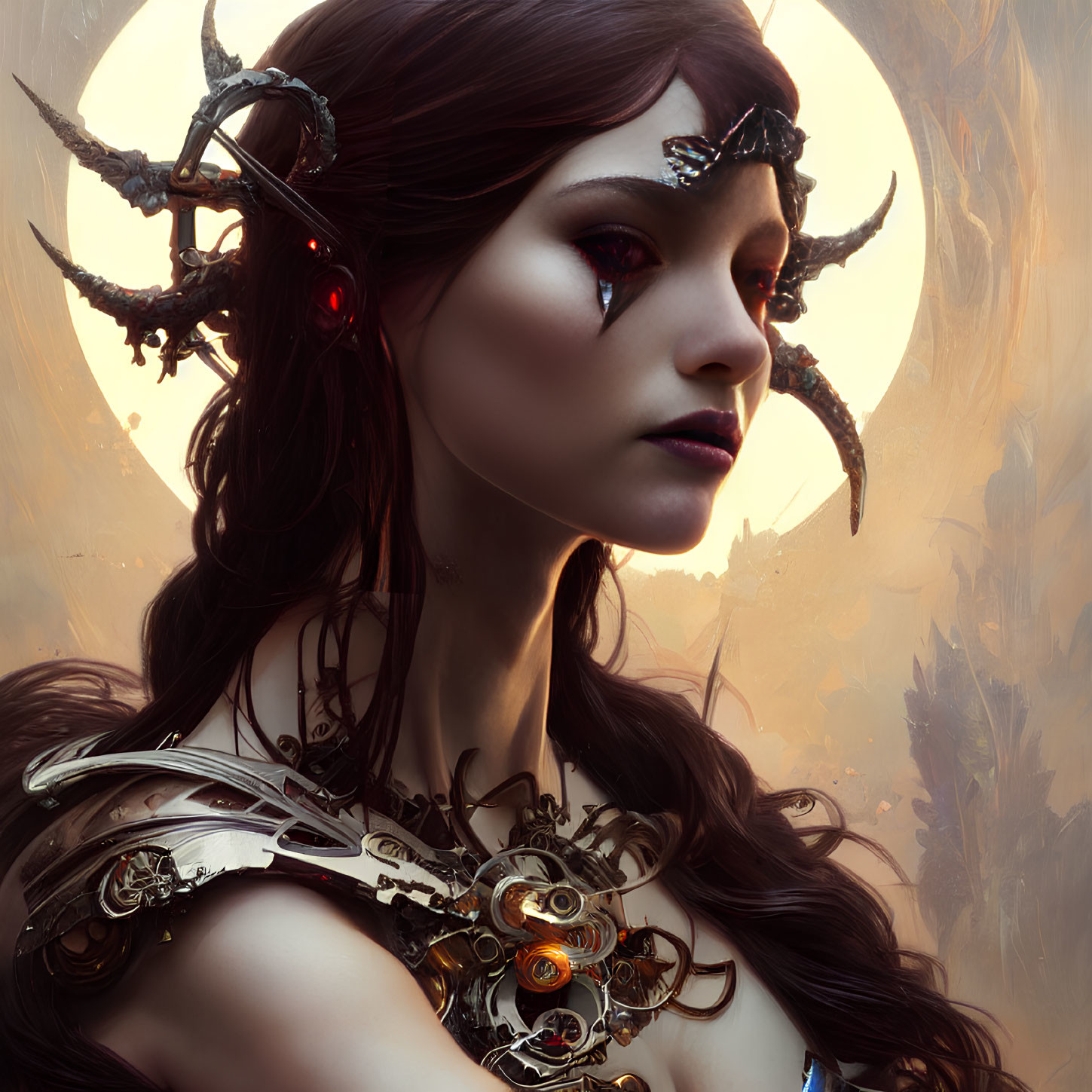 Fantasy portrait of woman with horned headpiece and glowing red eyes