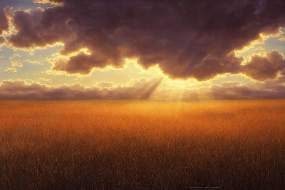 Tranquil field with tall golden grass under dramatic sky