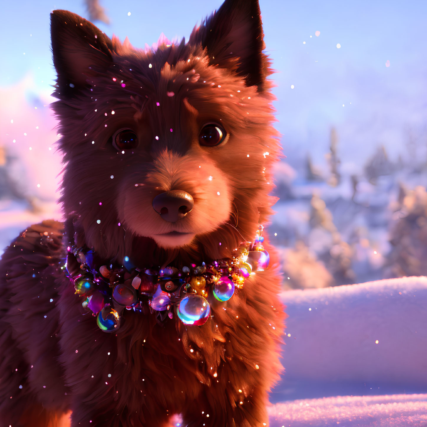 Fluffy brown dog with beaded necklace in snowy sunset scene