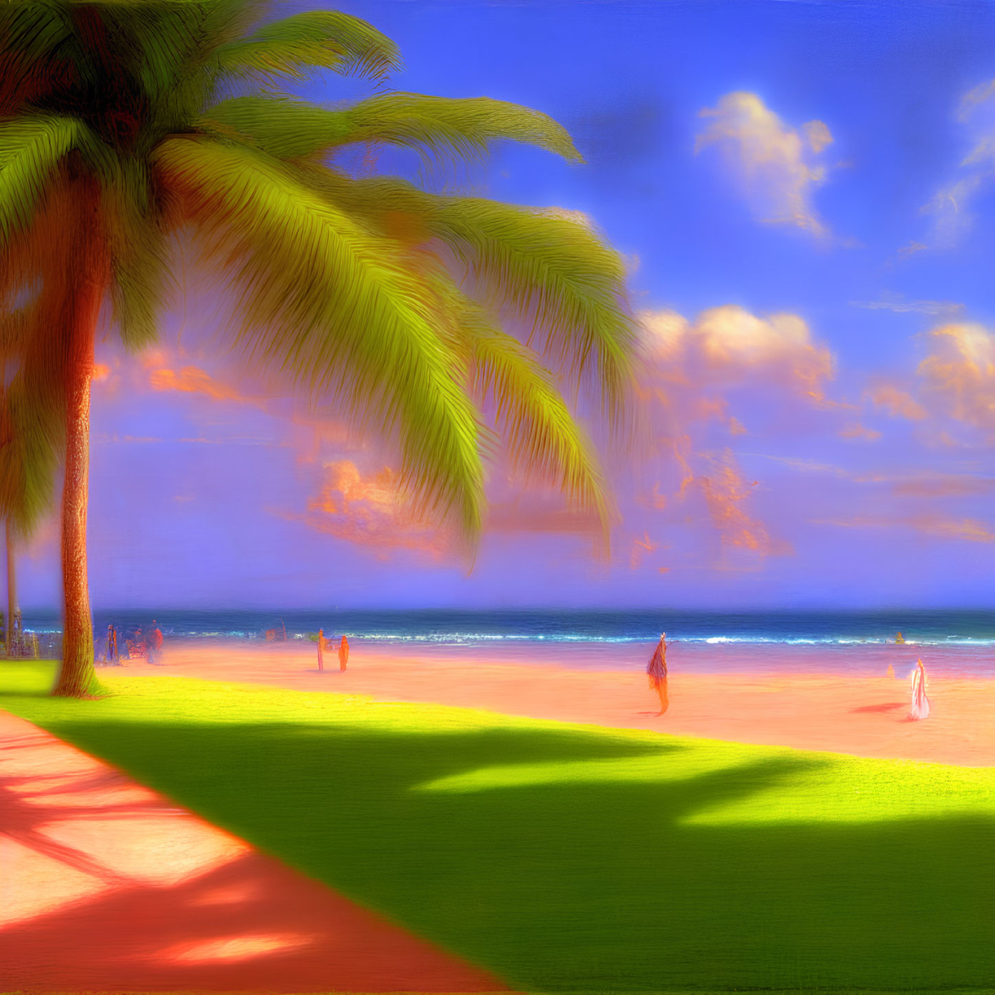 Sunny beach scene with palm tree, golden sunlight, and ocean view people.