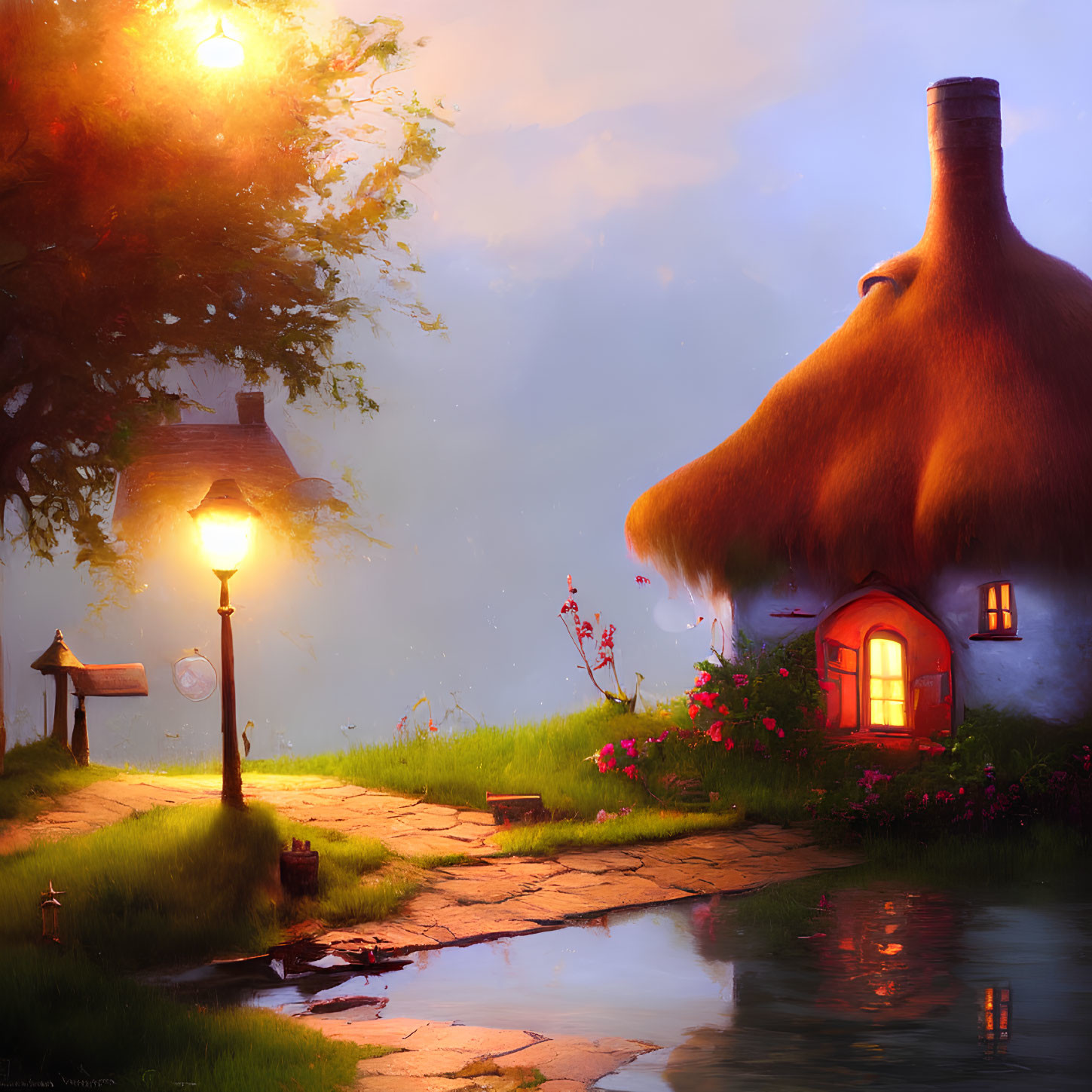 Thatched roof cottage by tranquil pond at sunset