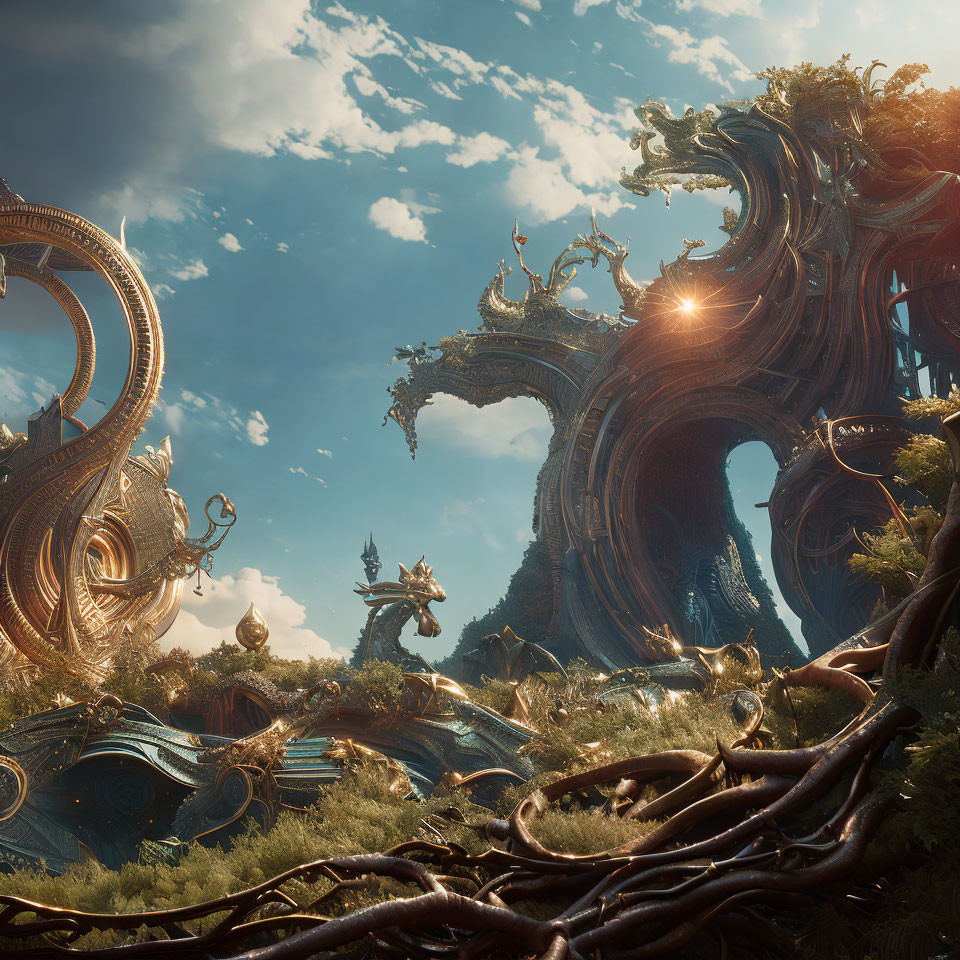 Fantastical landscape with towering golden tree-like structures under blue sky