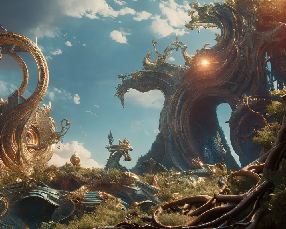 Fantastical landscape with towering golden tree-like structures under blue sky