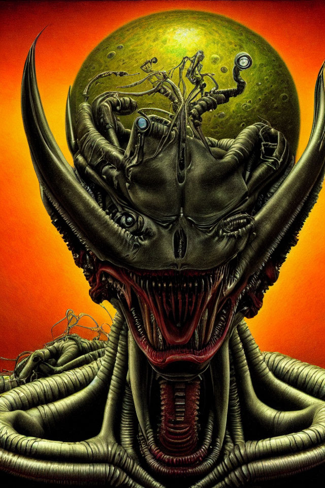 Detailed illustration of monstrous alien with sharp teeth and tentacles on eerie greenish-yellow planet