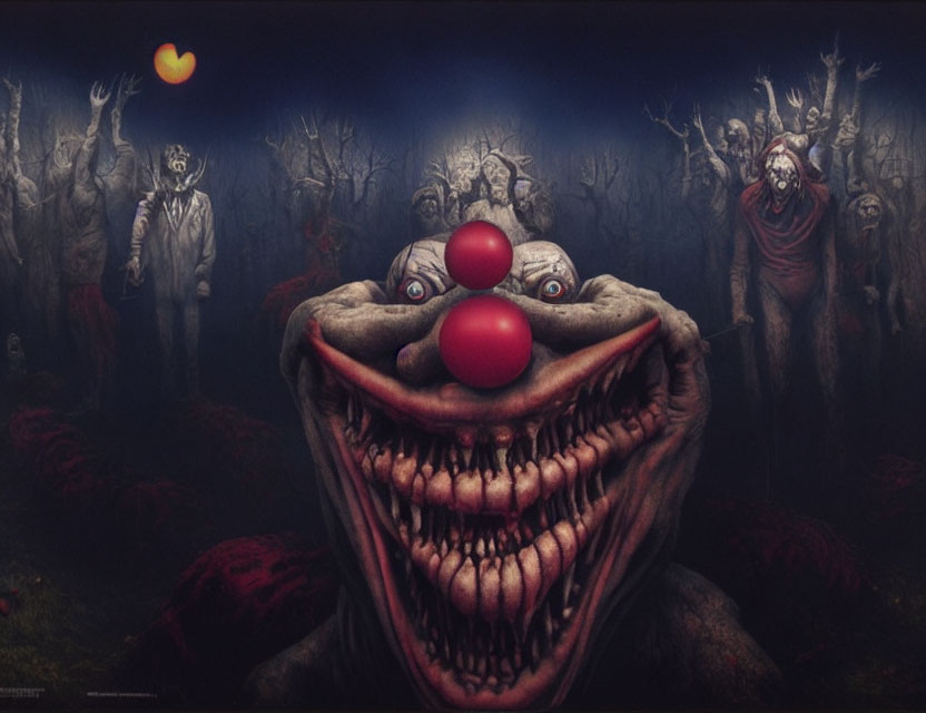 Grotesque clown face and sinister figures in dark forest landscape