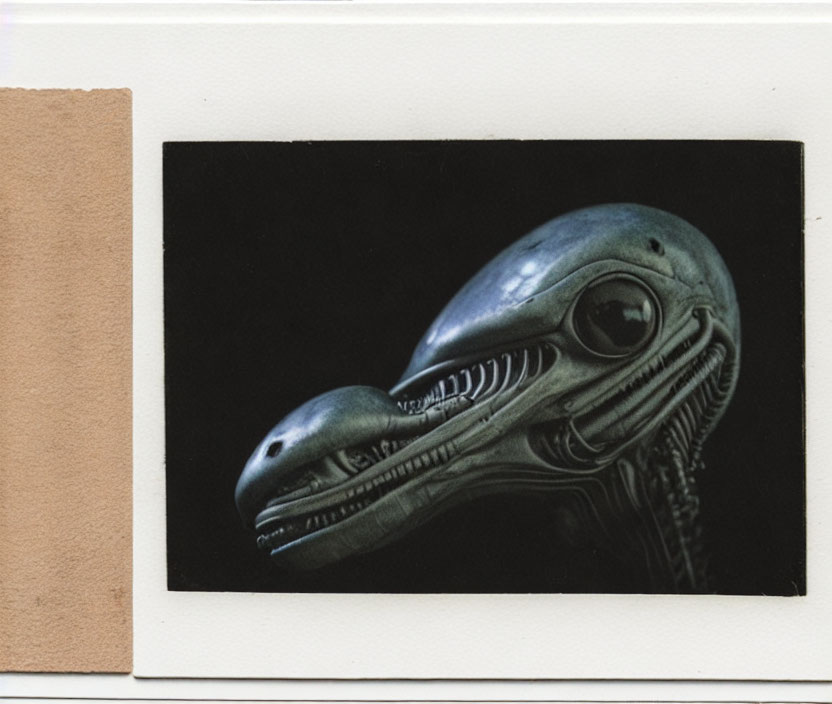 Vintage photo of metallic Alien head on black background