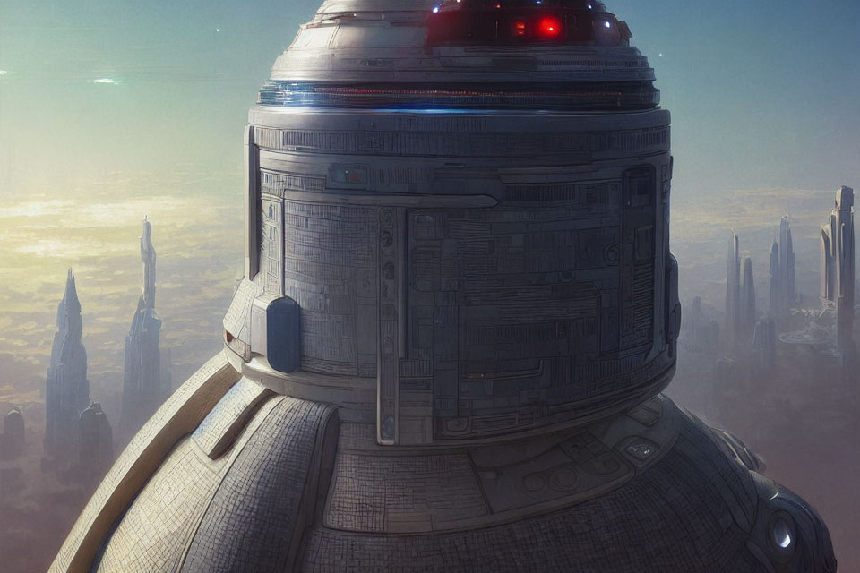 Detailed Close-Up of Science Fiction Droid in Futuristic Cityscape