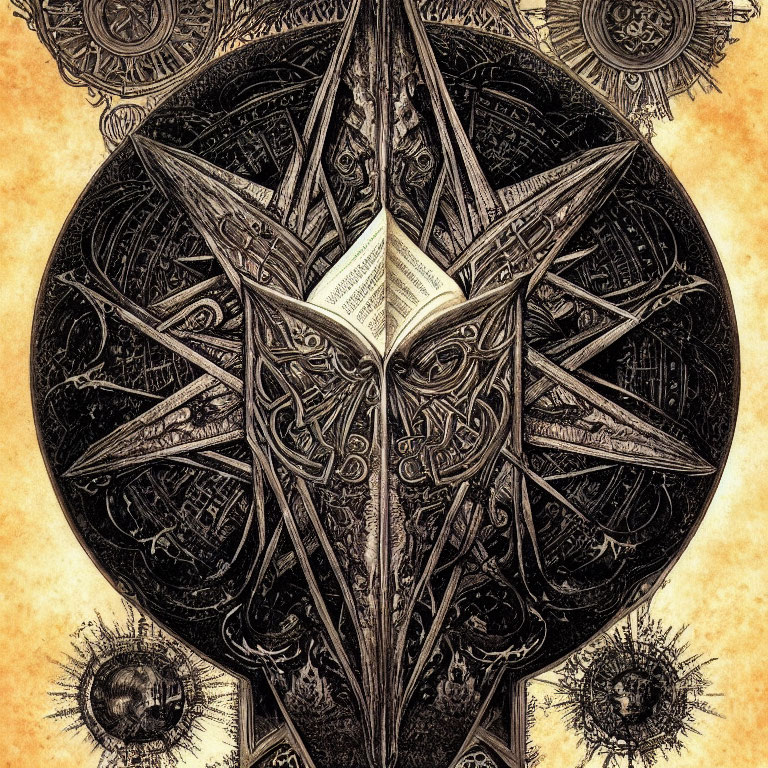 Intricate Pentagram Artwork with Clockwork Gears and Cosmic Orbs