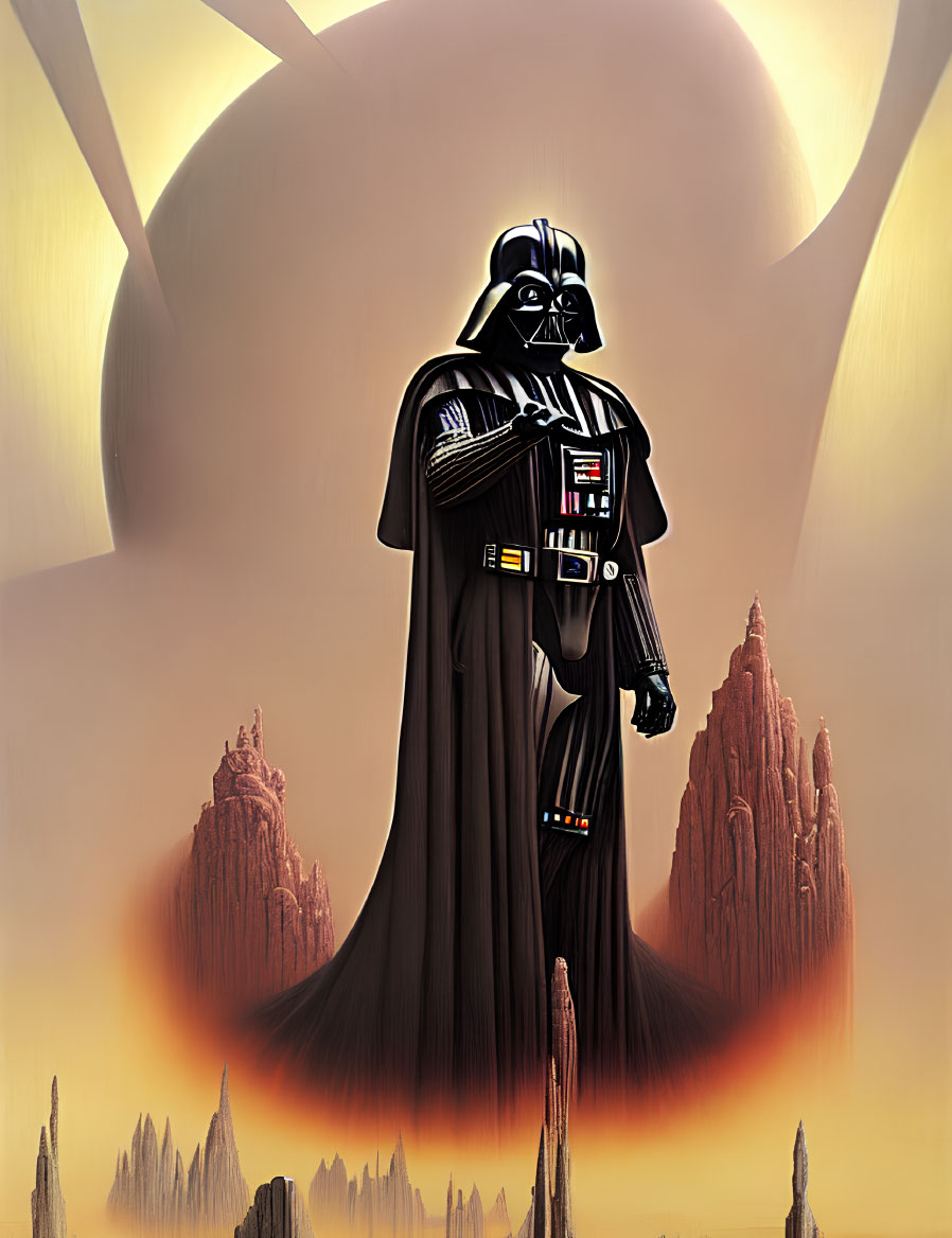 Menacing Darth Vader on rocky terrain with glowing planet backdrop