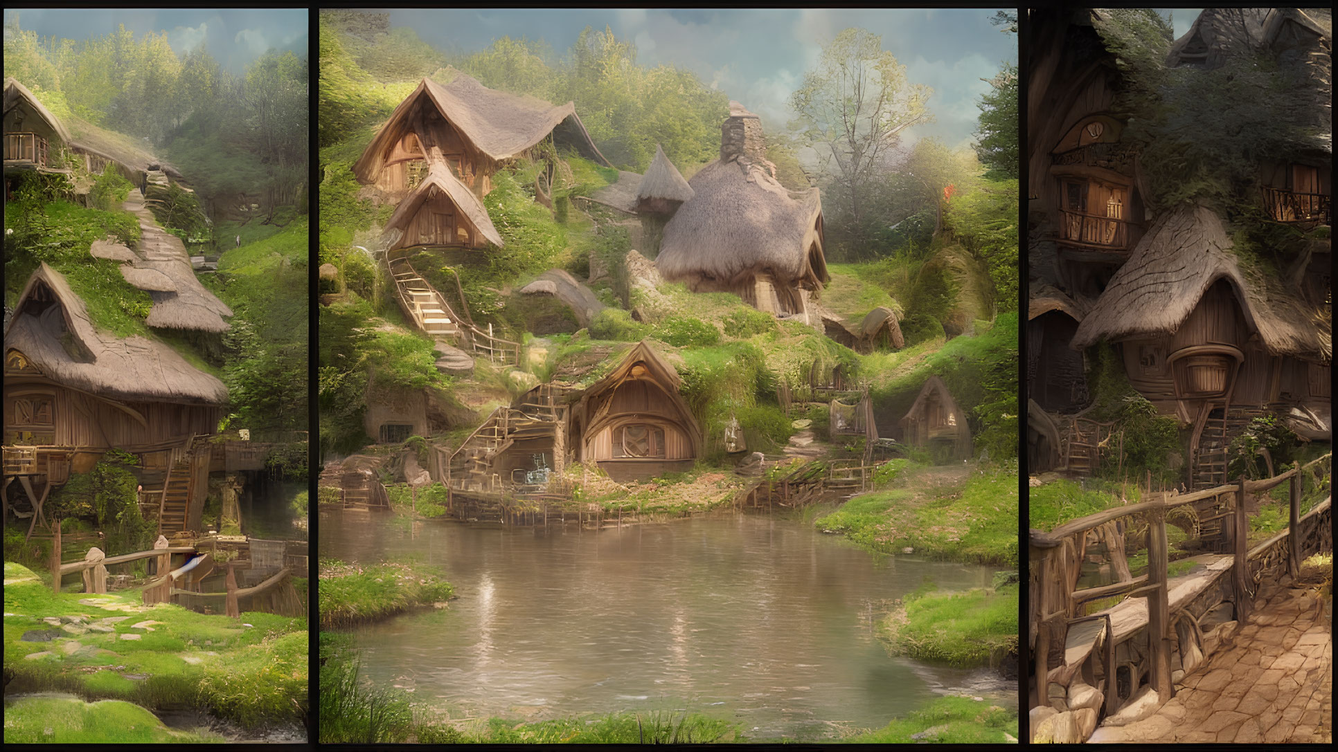 Thatched-Roof Cottage Triptych: Fairy-Tale Village Scene