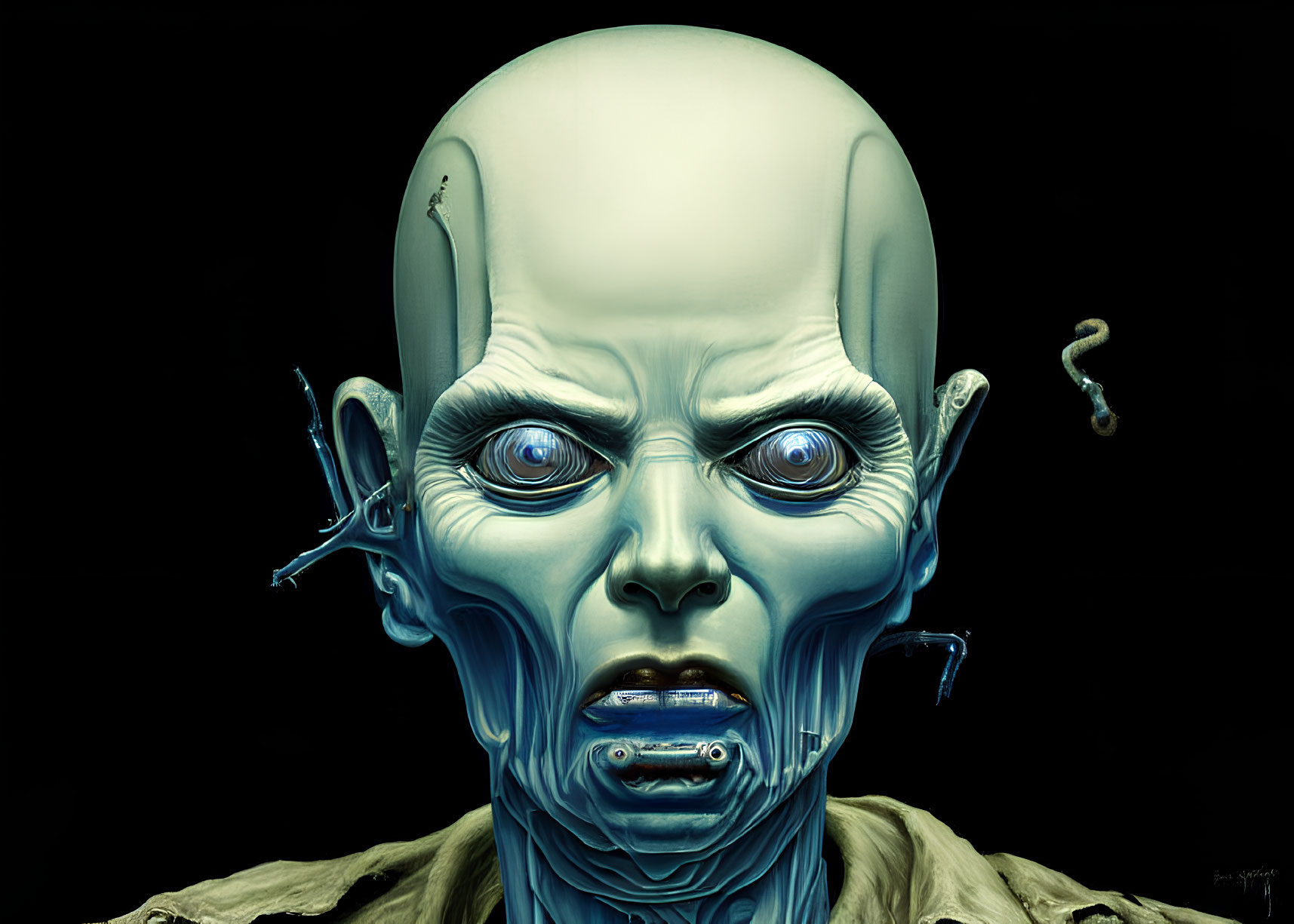 Digitally created humanoid entity with bald head and intense blue eyes.