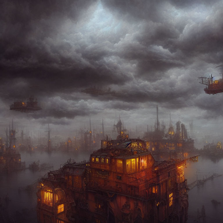 Dark industrial cityscape under stormy sky with floating ships