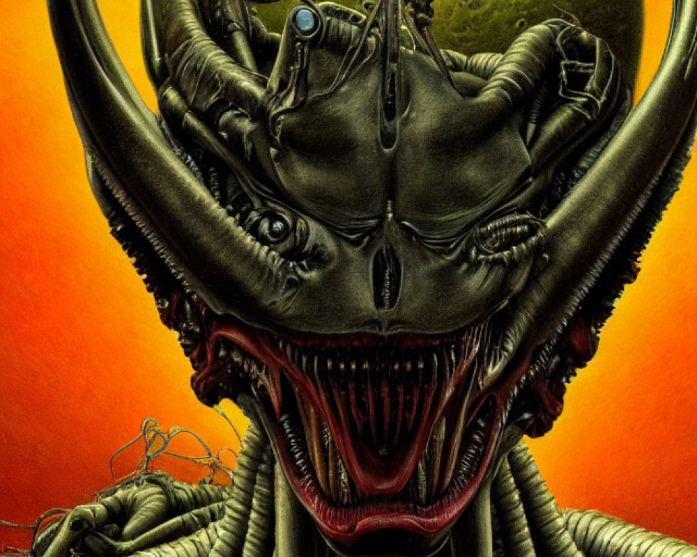 Detailed illustration of monstrous alien with sharp teeth and tentacles on eerie greenish-yellow planet