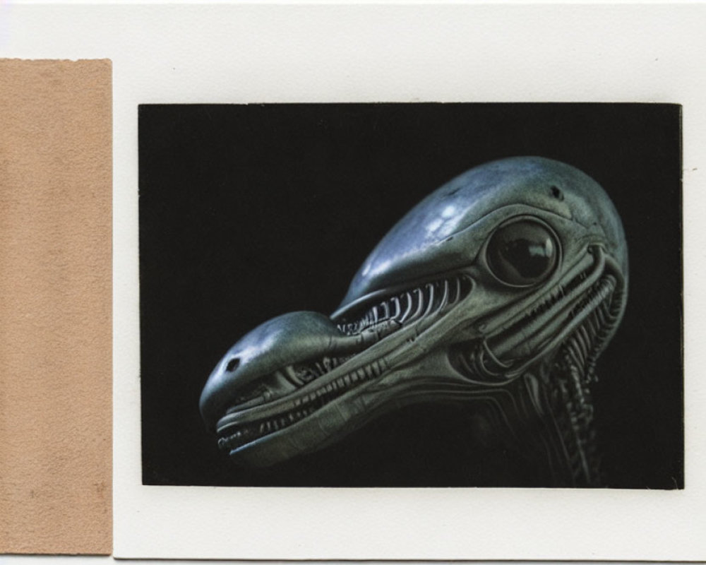 Vintage photo of metallic Alien head on black background