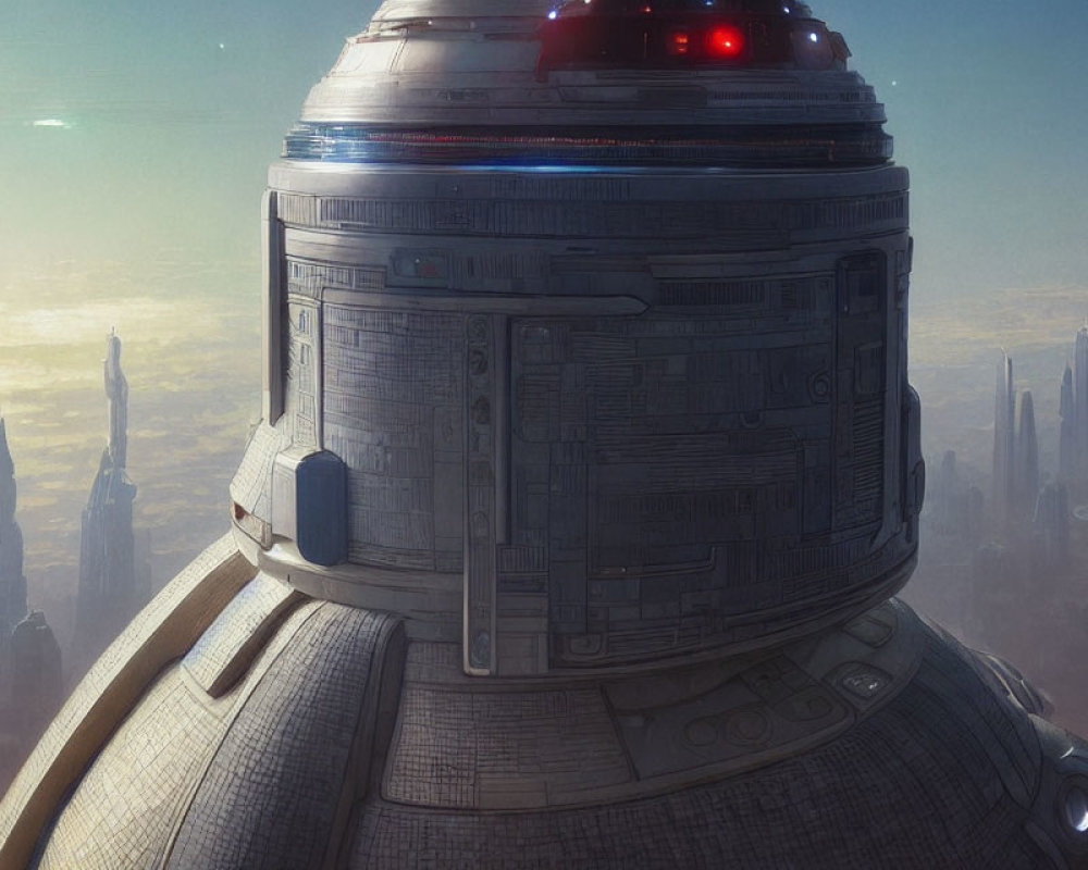 Detailed Close-Up of Science Fiction Droid in Futuristic Cityscape