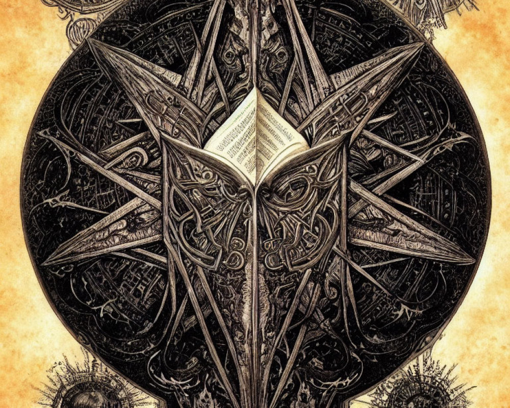 Intricate Pentagram Artwork with Clockwork Gears and Cosmic Orbs