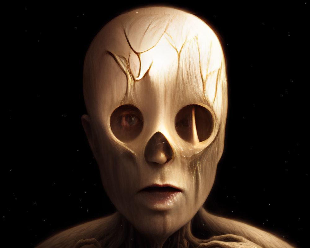 Digital artwork of humanoid figure with bald head and black eyes against black background