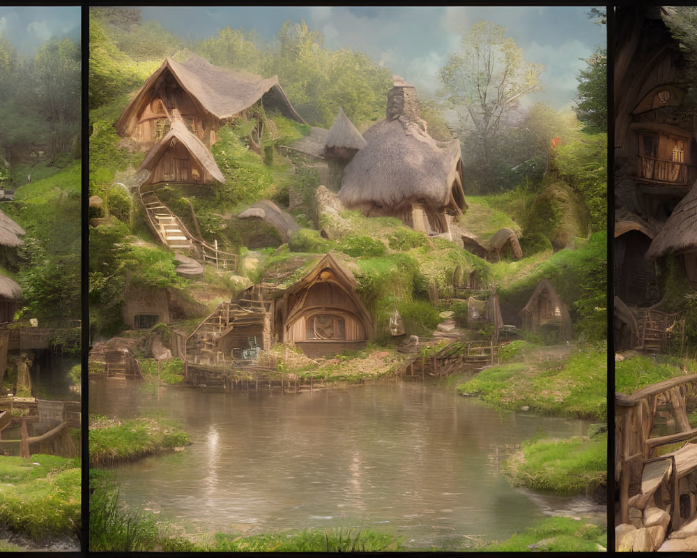 Thatched-Roof Cottage Triptych: Fairy-Tale Village Scene