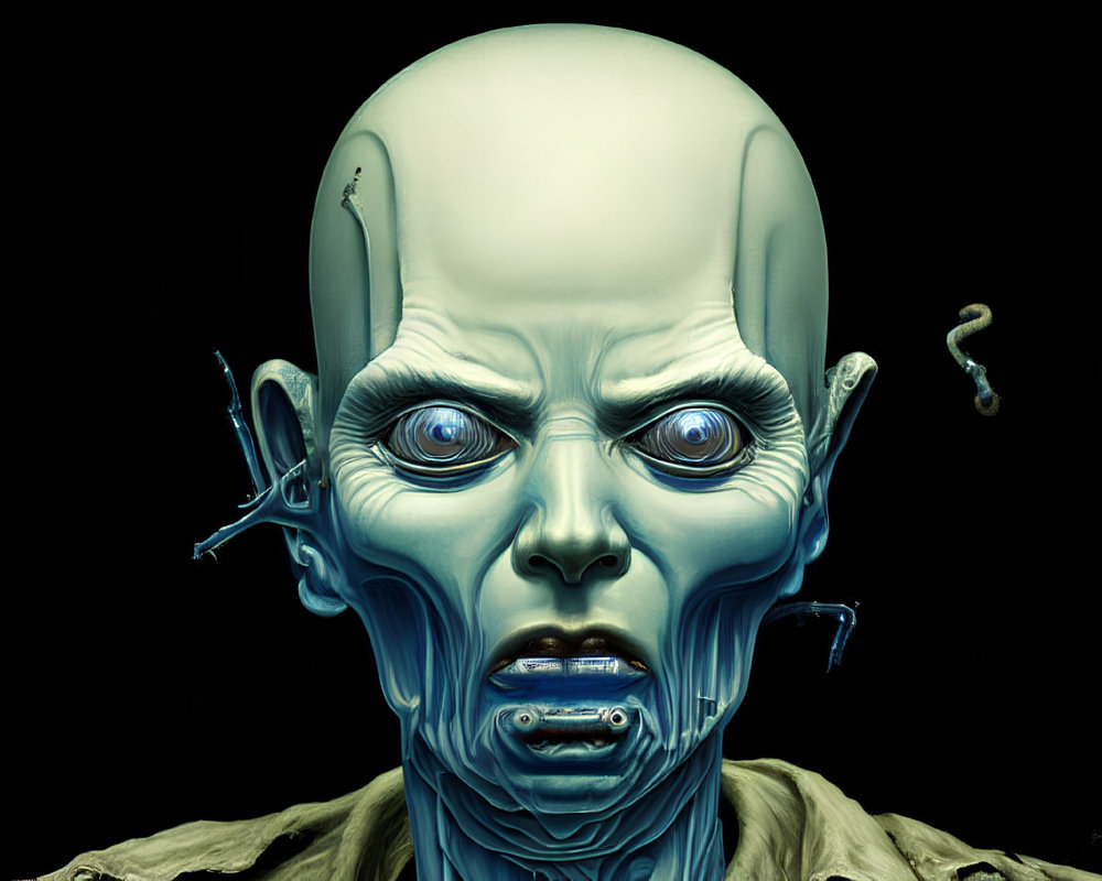 Digitally created humanoid entity with bald head and intense blue eyes.