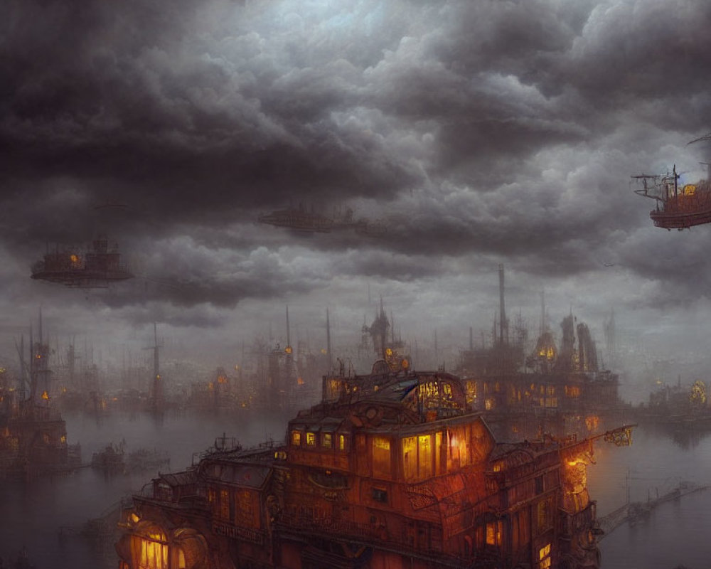 Dark industrial cityscape under stormy sky with floating ships