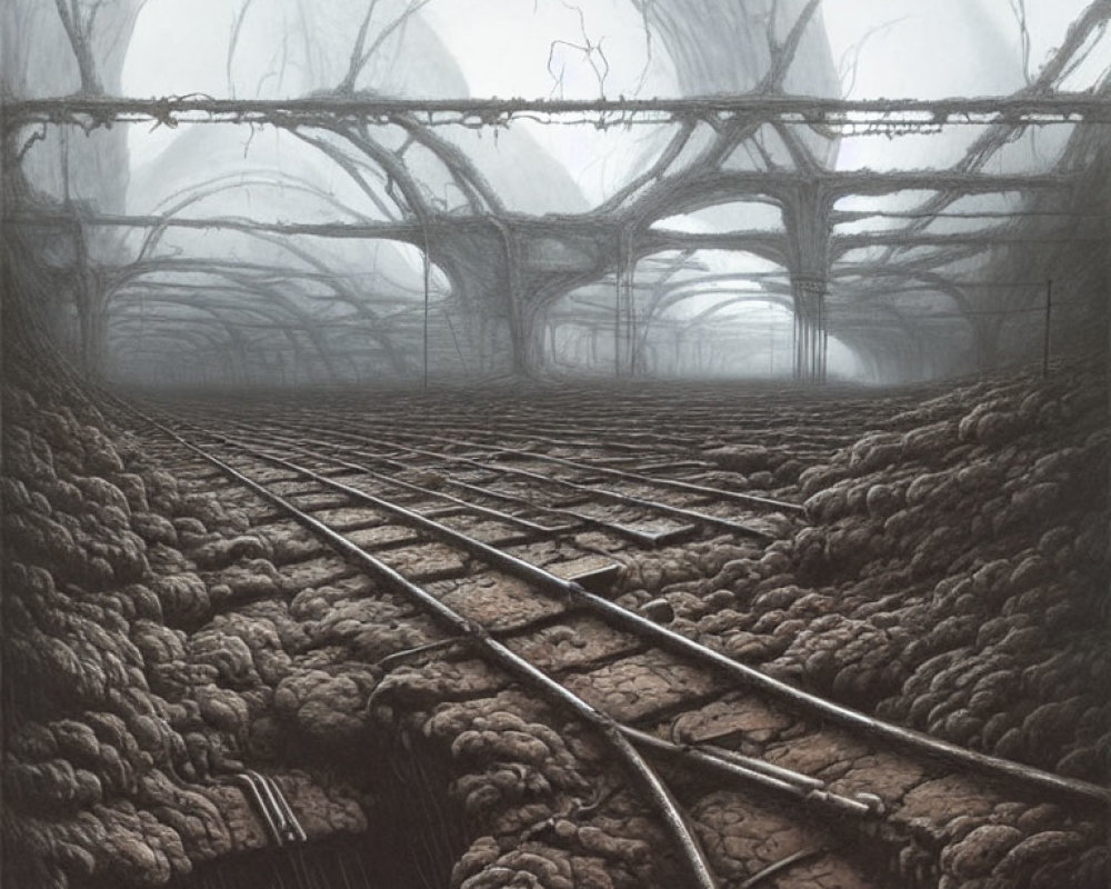 Eerie artwork of rail tracks in barren landscape with brain-like formations