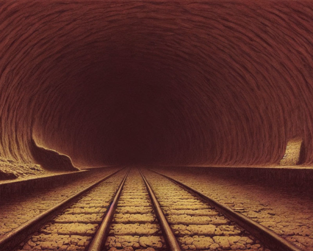 Dark brown tunnel with rough textured walls and railway tracks vanishing in the distance