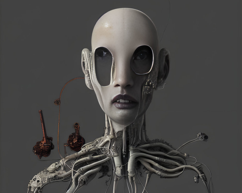 Bald Android with Black Eyes and Exposed Mechanical Parts