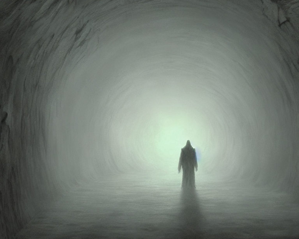 Solitary figure in misty tunnel with greenish light