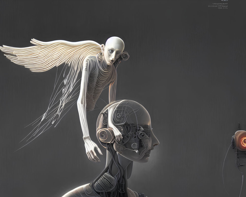 Surreal artwork: Robot and human-like figure with wings on muted background