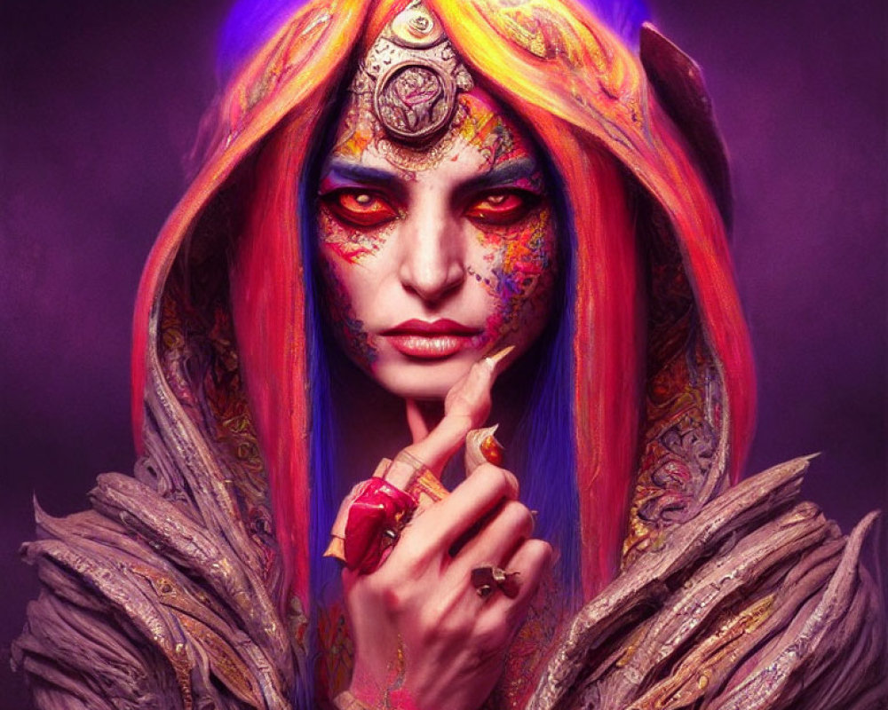 Vibrant portrait with purple and gold fantasy makeup and costume