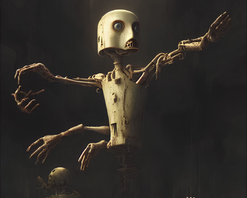 Anthropomorphic robot with humanoid skull head in dramatic pose