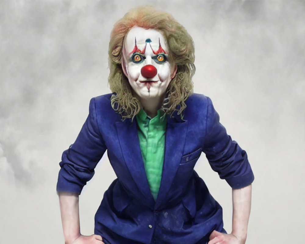 Clown with green hair and blue suit under cloudy sky