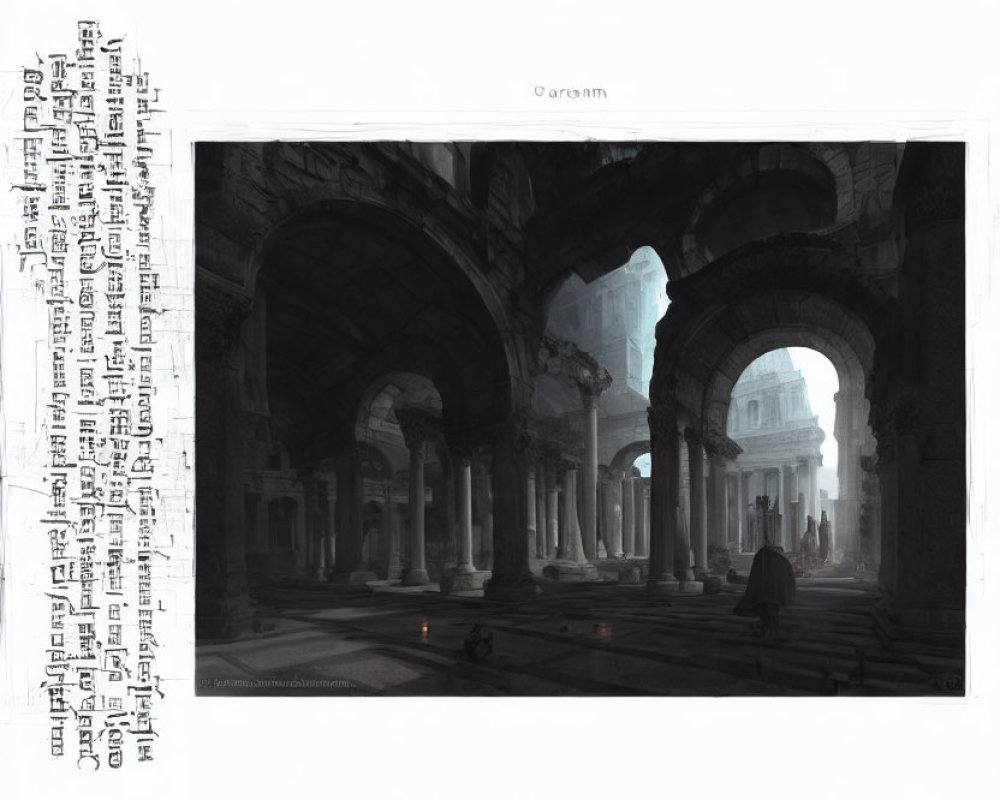 Digital artwork of grandiose ancient interior with arches and columns