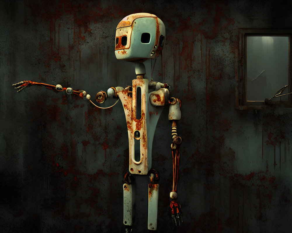 Rusty humanoid robot with expressive face against corroded wall