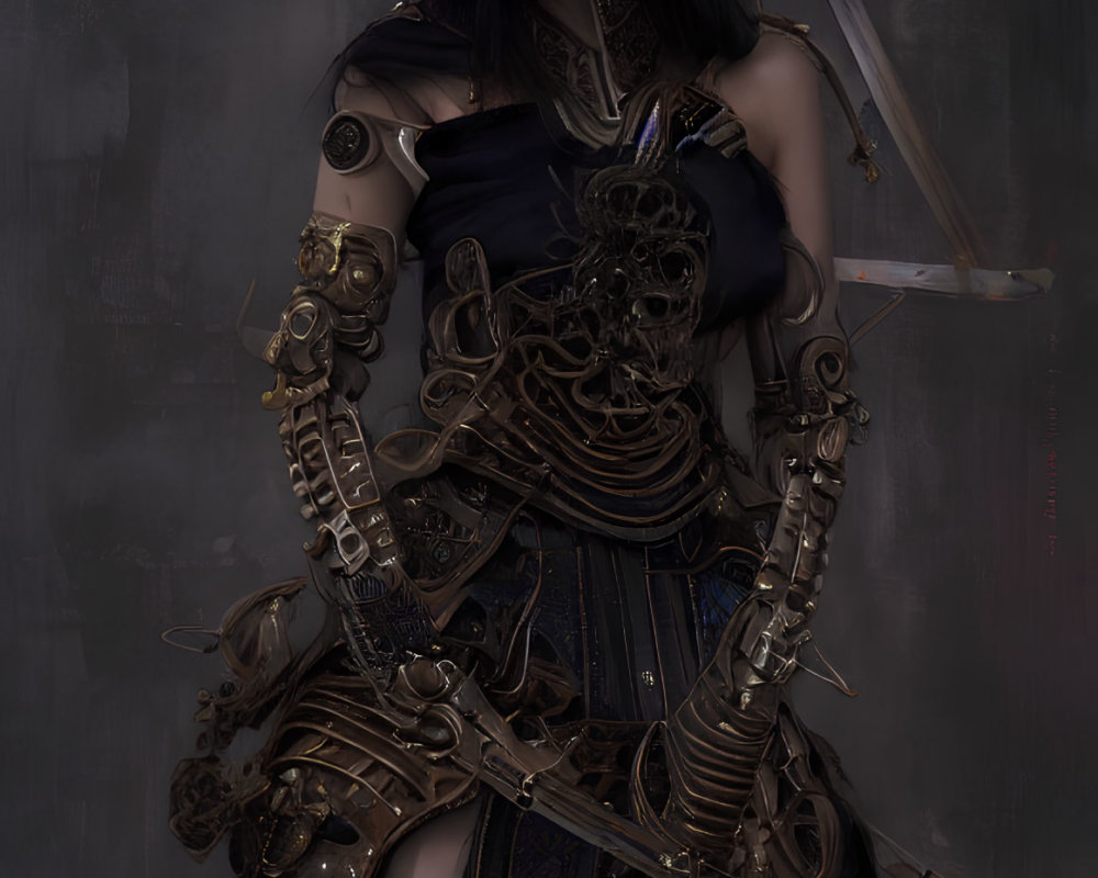 Black-haired woman in dark fantasy warrior outfit with ornate armor