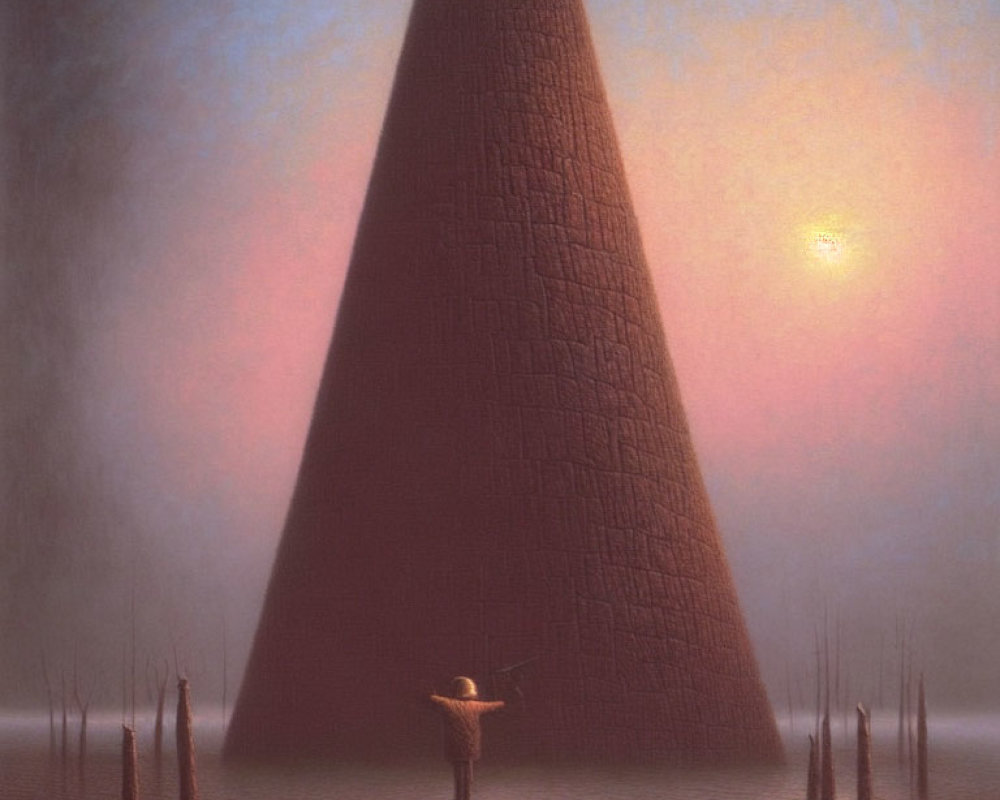 Person standing before large conical structure in misty environment at sunrise or sunset