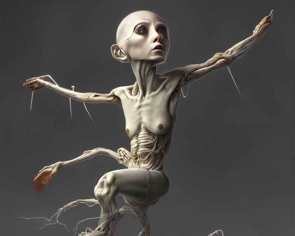 Surreal humanoid figure with elongated limbs and puppet-like strings on pale skin.