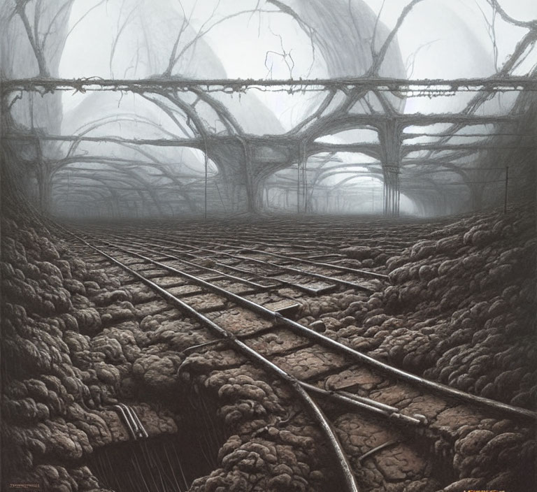 Eerie artwork of rail tracks in barren landscape with brain-like formations