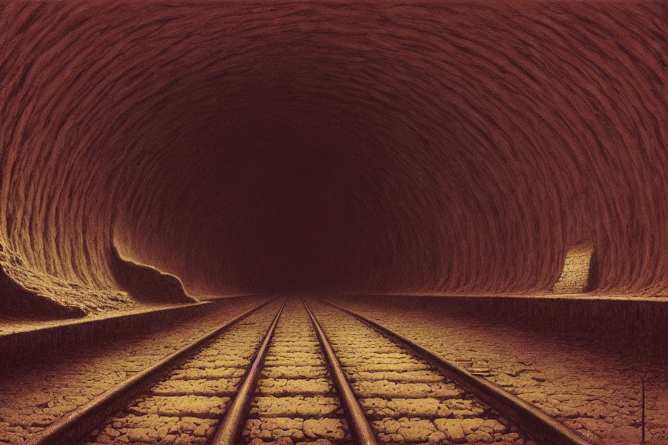 Dark brown tunnel with rough textured walls and railway tracks vanishing in the distance