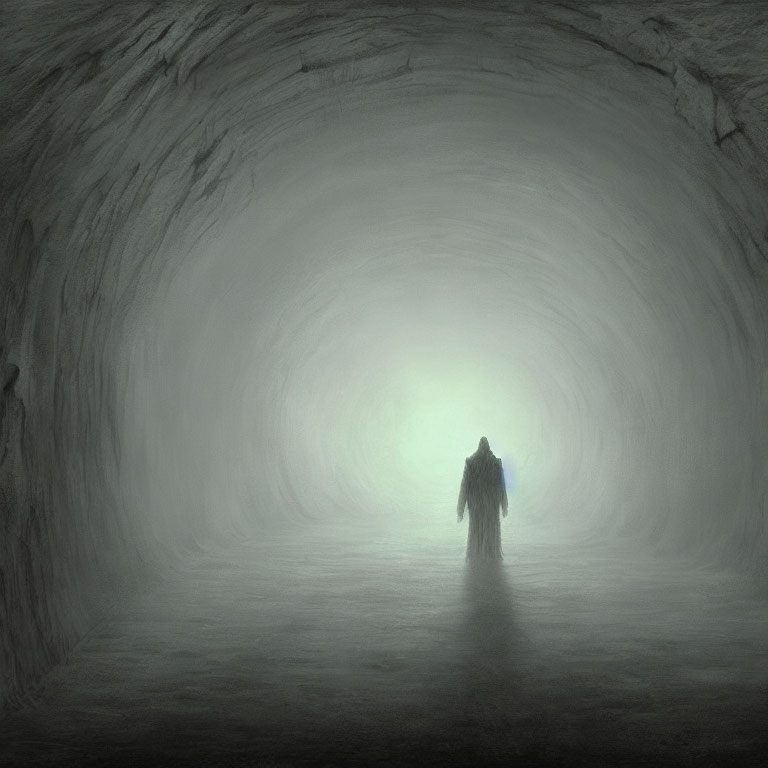 Solitary figure in misty tunnel with greenish light