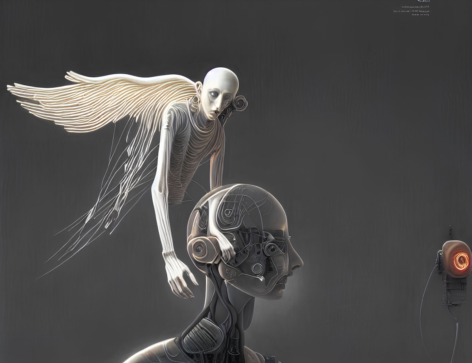 Surreal artwork: Robot and human-like figure with wings on muted background