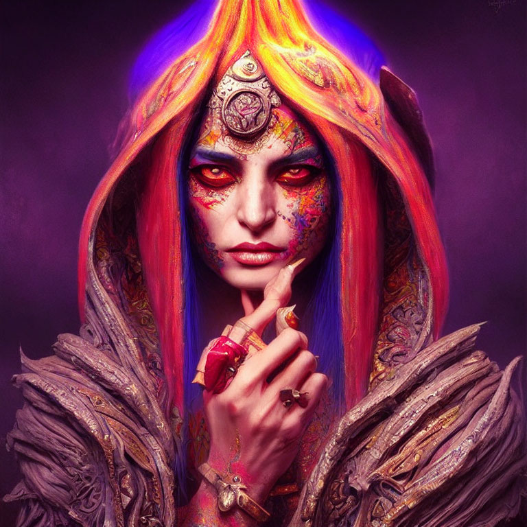 Vibrant portrait with purple and gold fantasy makeup and costume