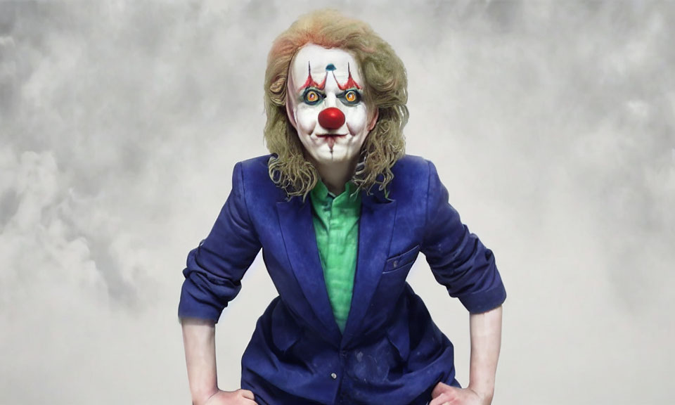 Clown with green hair and blue suit under cloudy sky