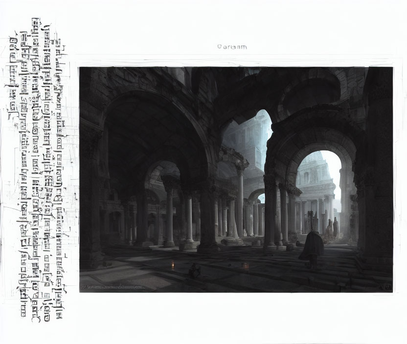 Digital artwork of grandiose ancient interior with arches and columns