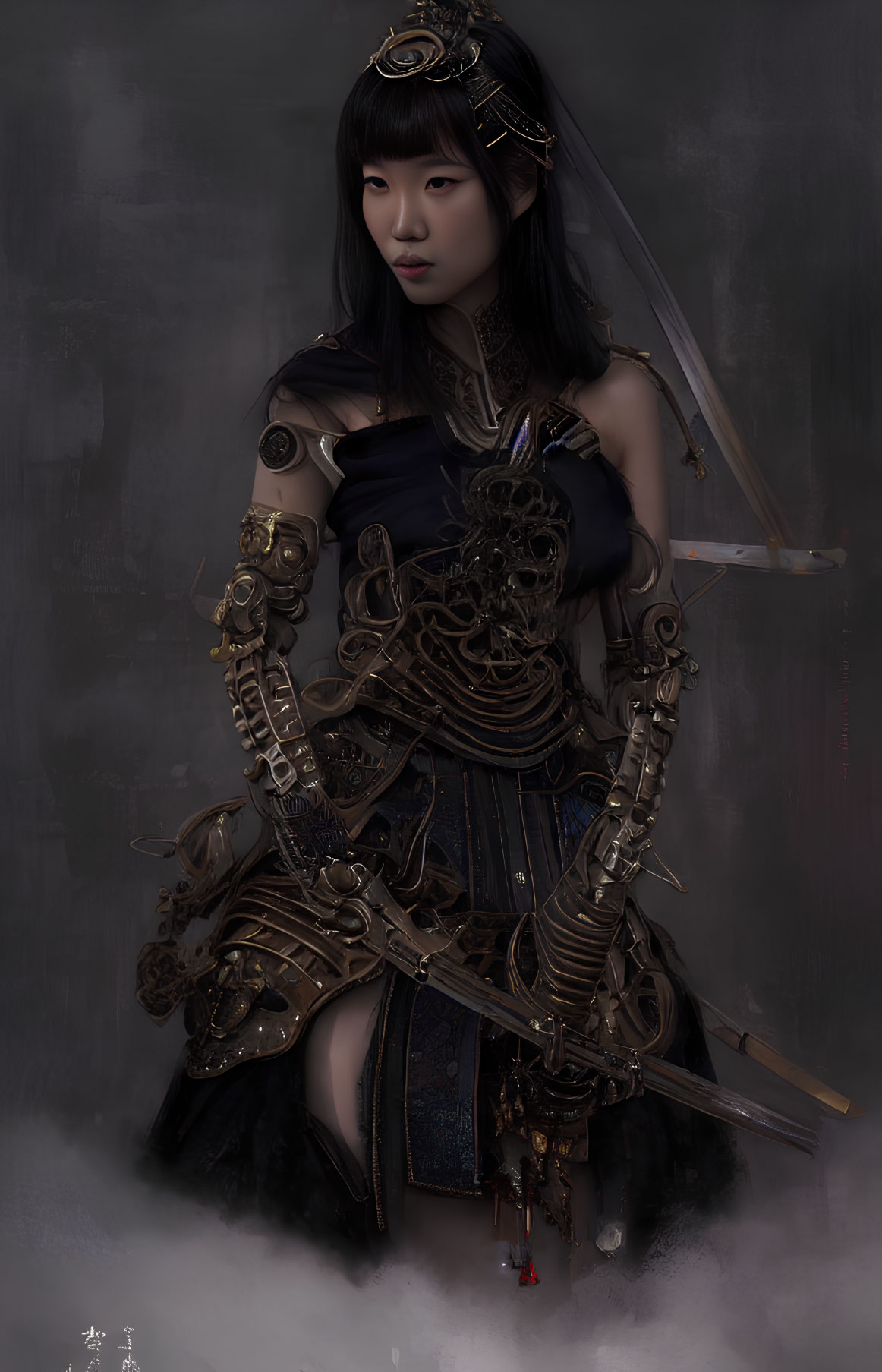 Black-haired woman in dark fantasy warrior outfit with ornate armor