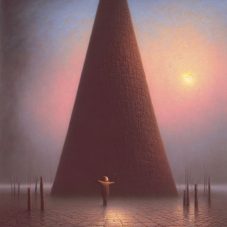 Person standing before large conical structure in misty environment at sunrise or sunset