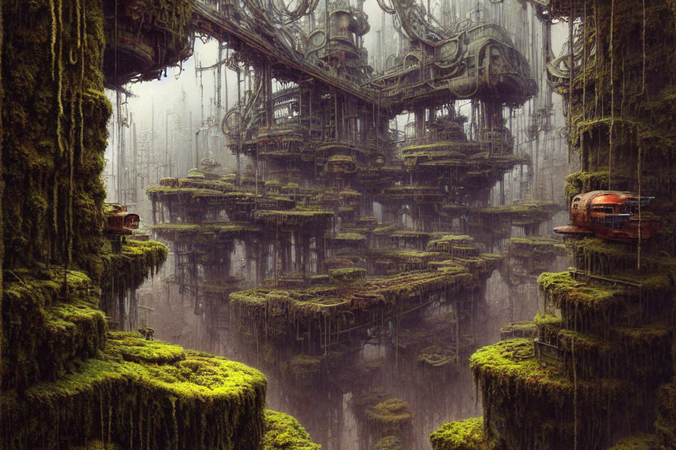 Mysterious futuristic city in foggy forest with advanced machinery