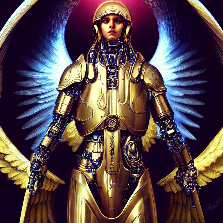 Digital artwork: Figure in golden armor with mechanical limbs and feathered wings on dark backdrop with red halo