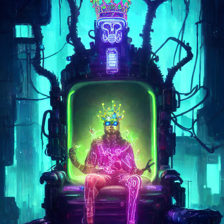 Regal figure with glowing crown on futuristic throne surrounded by neon lights